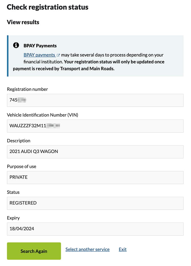 Check Registration Status QLD screenshot- rego and VIN car details